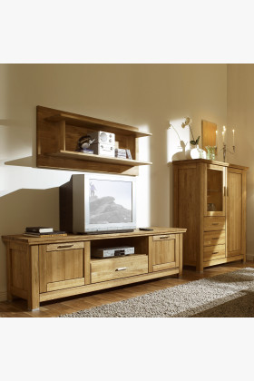 Tömör tölgyfa hálószoba bútor szett TV komóddal és vitrin szekrénnyel